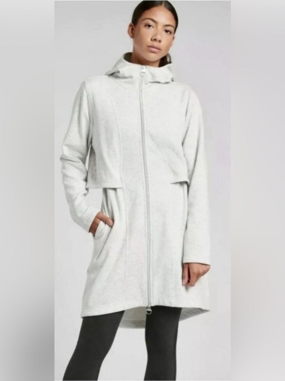 Athleta Cozy Karma Hooded Long Line Jacket Fleece Plush Interior Heather Grey M - Picture 2 of 8